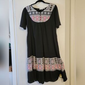 Black Embroidery boho house dress patio coat cover up mumu Sz S Boho Grandma
